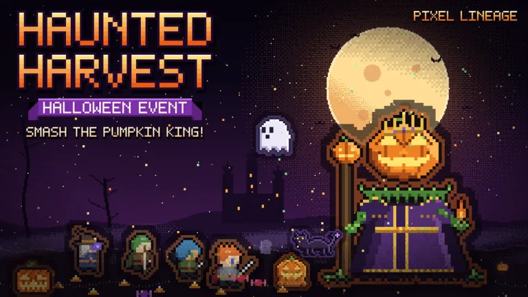 Pixel Lineage Haunted Harvest Halloween event art with the Pumpkin King