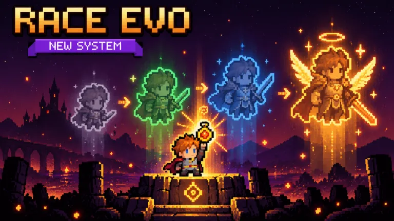 Pixel Lineage Race EVO illustration: a hero raising a heirloom amulet as its race evolves from common to uncommon, rare and mythic